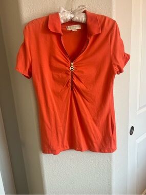 Michael Kors Coral-Orange Polo Zip Short Sleeve Tee